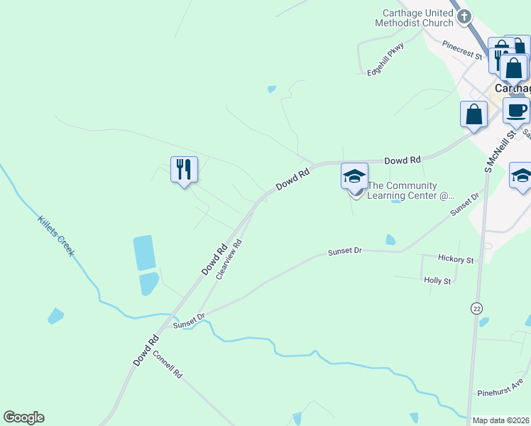 map of restaurants, bars, coffee shops, grocery stores, and more near 623 Dowd Road in Carthage