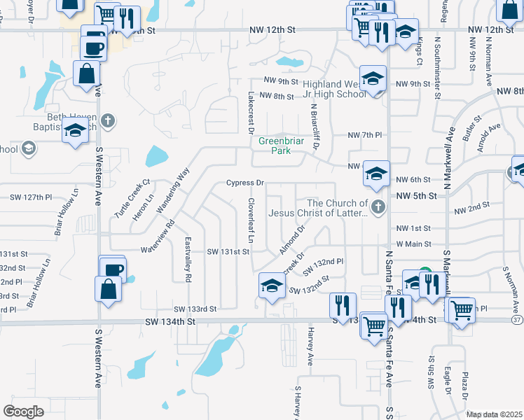 map of restaurants, bars, coffee shops, grocery stores, and more near 13017 Mapleleaf Drive in Oklahoma City