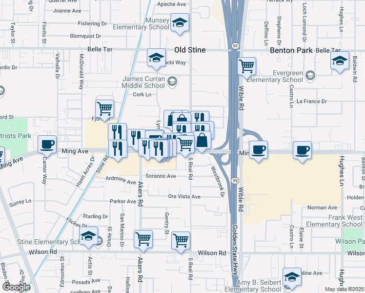 map of restaurants, bars, coffee shops, grocery stores, and more near 3750 Ming Avenue in Bakersfield