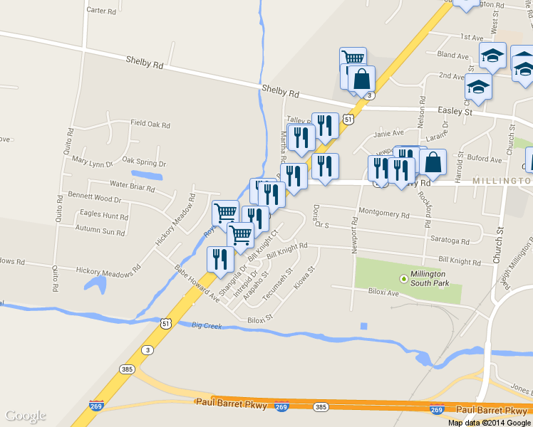 map of restaurants, bars, coffee shops, grocery stores, and more near 7825 U.S. 51 in Millington