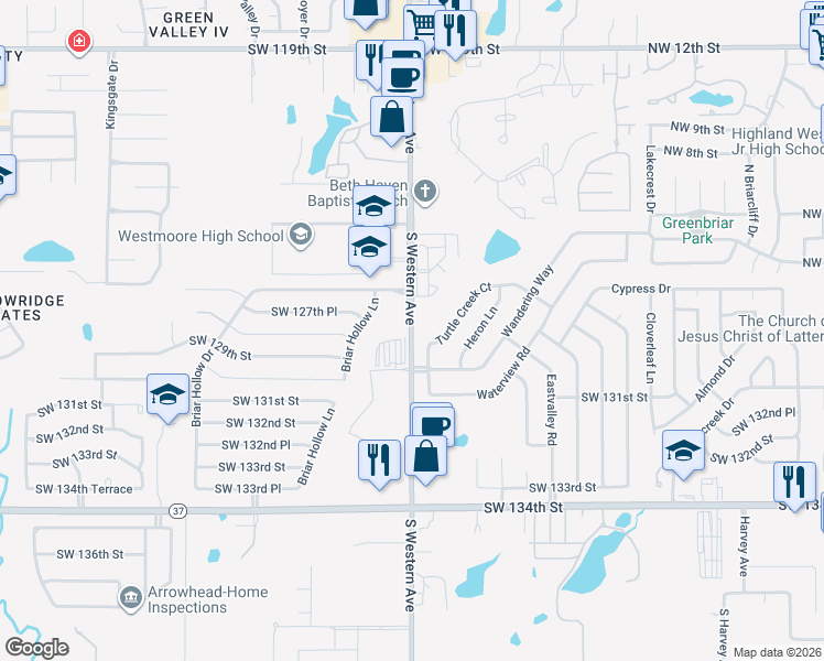 map of restaurants, bars, coffee shops, grocery stores, and more near 13001 Turtle Creek Court in Oklahoma City