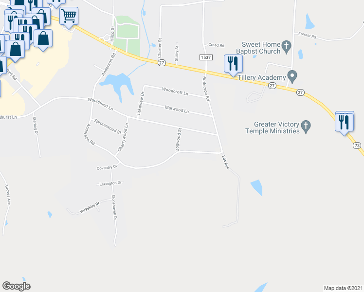 map of restaurants, bars, coffee shops, grocery stores, and more near 501 Anderson Road in Albemarle