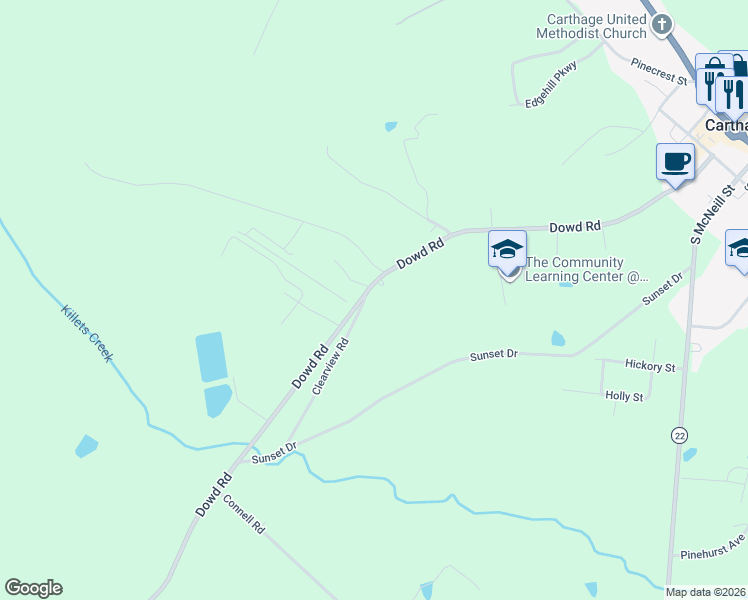 map of restaurants, bars, coffee shops, grocery stores, and more near 623 Dowd Road in Carthage