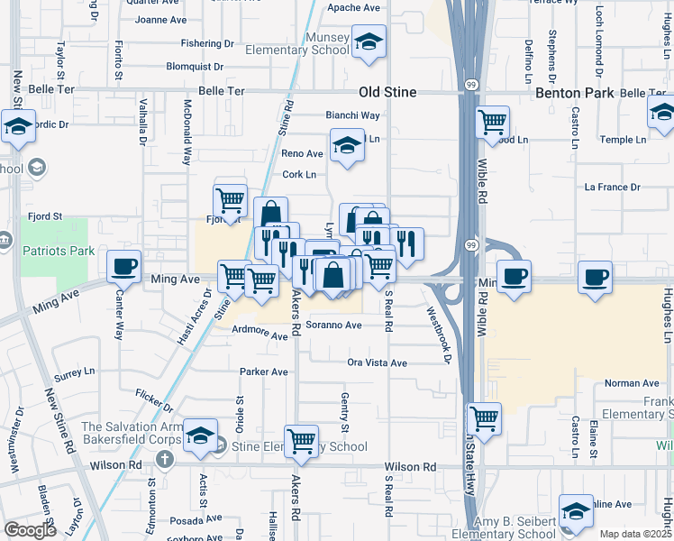 map of restaurants, bars, coffee shops, grocery stores, and more near 3800 Ming Avenue in Bakersfield