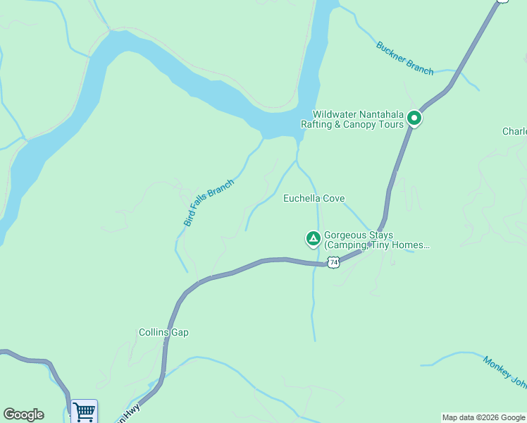 map of restaurants, bars, coffee shops, grocery stores, and more near 344 Euchella Branch Road in Bryson City