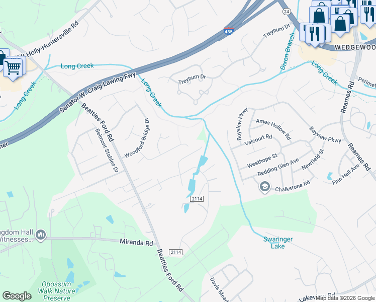 map of restaurants, bars, coffee shops, grocery stores, and more near 9707 Pond Vista Court in Charlotte