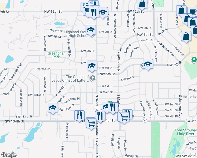map of restaurants, bars, coffee shops, grocery stores, and more near 1061 Northwest 2nd Street in Moore