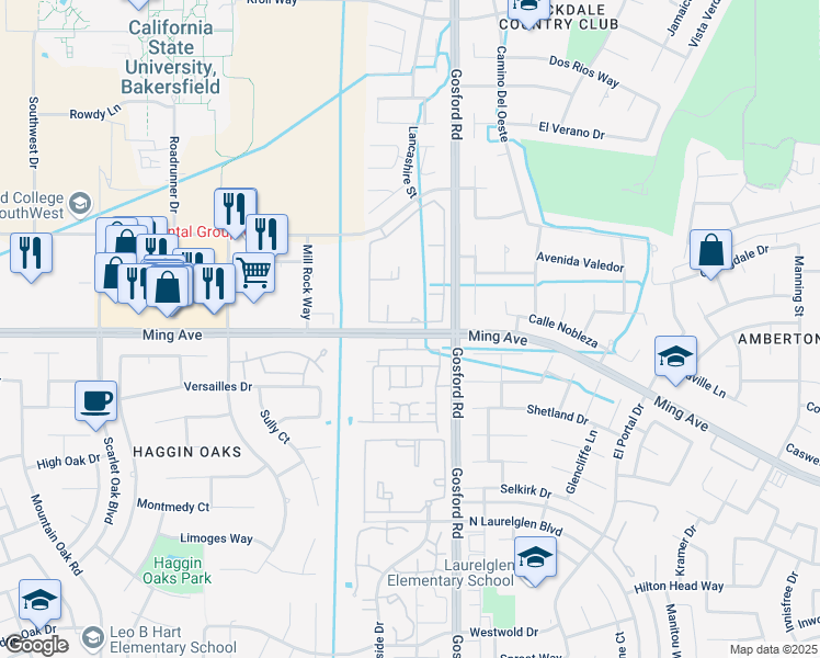 map of restaurants, bars, coffee shops, grocery stores, and more near 8400 Ming Avenue in Bakersfield