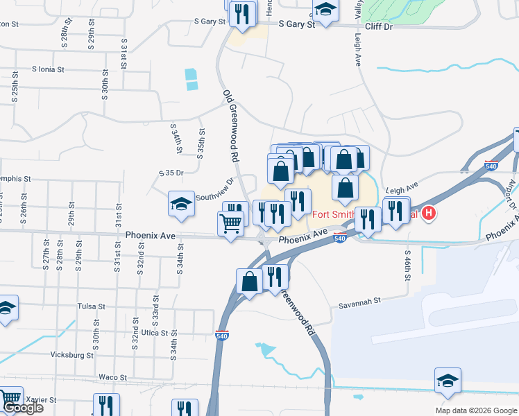 map of restaurants, bars, coffee shops, grocery stores, and more near 4501 Old Greenwood Road in Fort Smith