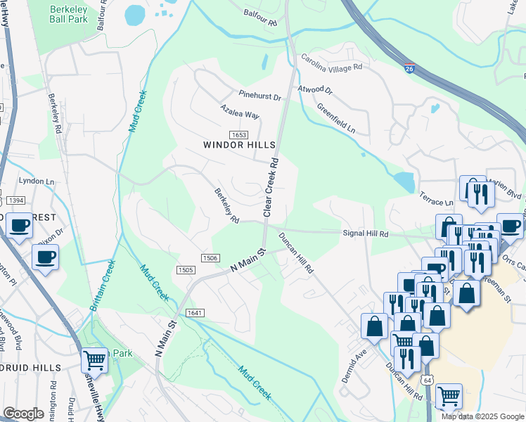 map of restaurants, bars, coffee shops, grocery stores, and more near 45 Clear Creek Road in Hendersonville