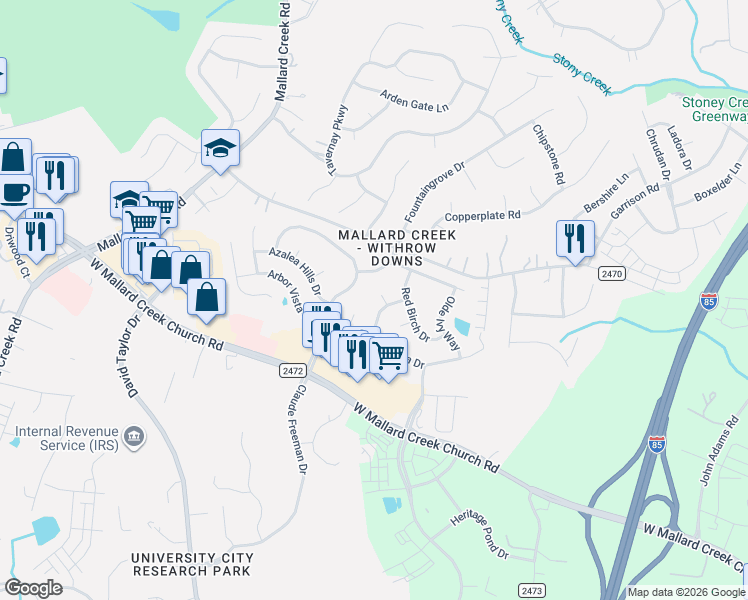 map of restaurants, bars, coffee shops, grocery stores, and more near 2611 Sweet Bing Ct in Charlotte