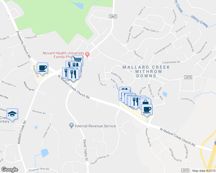map of restaurants, bars, coffee shops, grocery stores, and more near 11246 Cypress View Drive in Charlotte