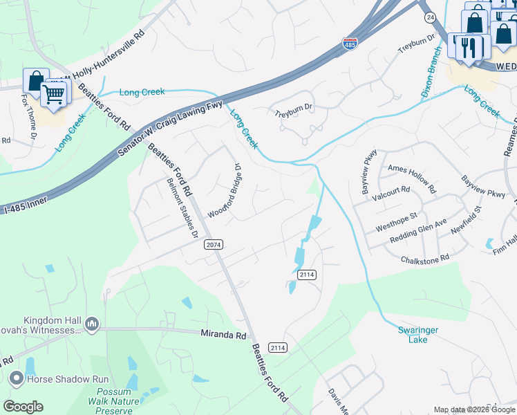 map of restaurants, bars, coffee shops, grocery stores, and more near 8410 Cullingford Lane in Charlotte
