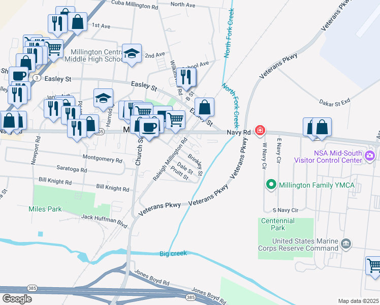 map of restaurants, bars, coffee shops, grocery stores, and more near 5096 Brinkley Street in Millington