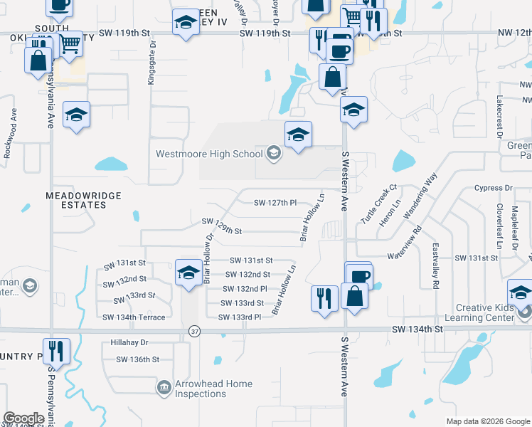 map of restaurants, bars, coffee shops, grocery stores, and more near 1041 Southwest 128th Street in Oklahoma City