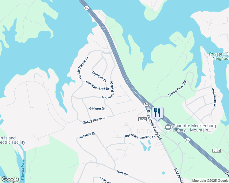 map of restaurants, bars, coffee shops, grocery stores, and more near 2046 Mountain Park Drive in Charlotte