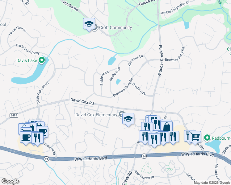 map of restaurants, bars, coffee shops, grocery stores, and more near 4400 Brownes Ferry Road in Charlotte
