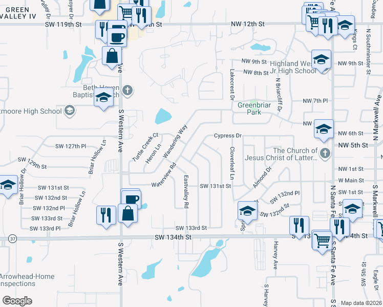 map of restaurants, bars, coffee shops, grocery stores, and more near 637 Cypress Drive in Oklahoma City
