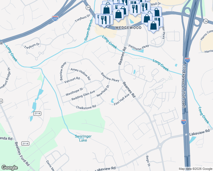 map of restaurants, bars, coffee shops, grocery stores, and more near 9217 Newfield Street in Charlotte