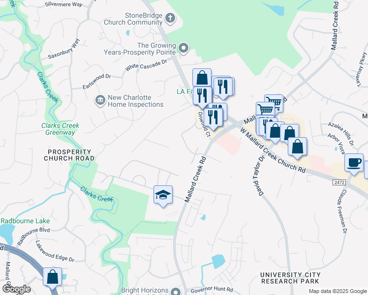 map of restaurants, bars, coffee shops, grocery stores, and more near 3105 Mallard Hill Drive in Charlotte