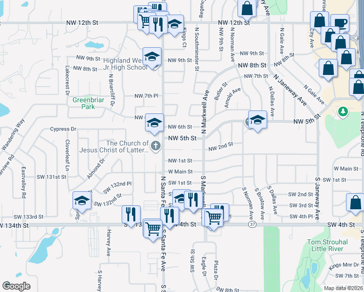 map of restaurants, bars, coffee shops, grocery stores, and more near 1033 Northwest 2nd Street in Moore