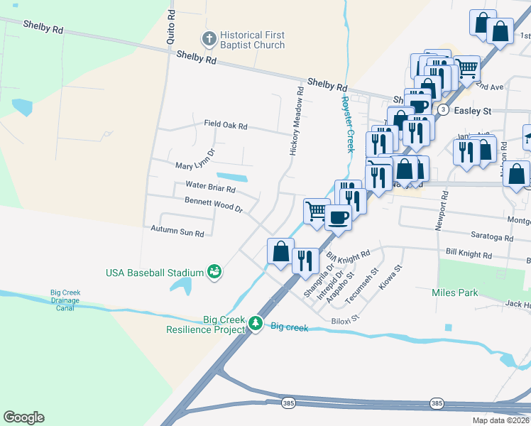 map of restaurants, bars, coffee shops, grocery stores, and more near 7827 Hickory Meadow Road in Millington
