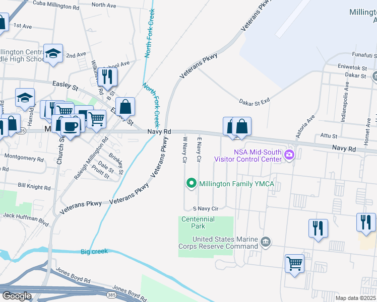 map of restaurants, bars, coffee shops, grocery stores, and more near 7826 West Navy Circle in Millington