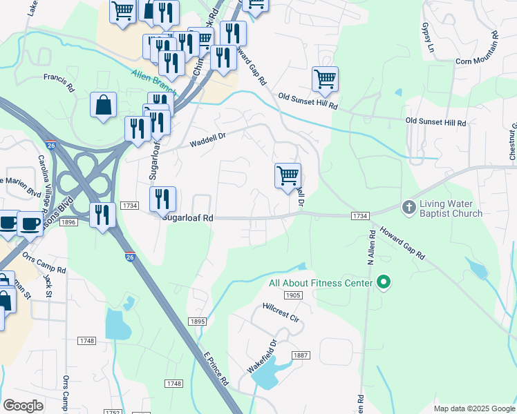 map of restaurants, bars, coffee shops, grocery stores, and more near 703 Sugarloaf Road in Hendersonville