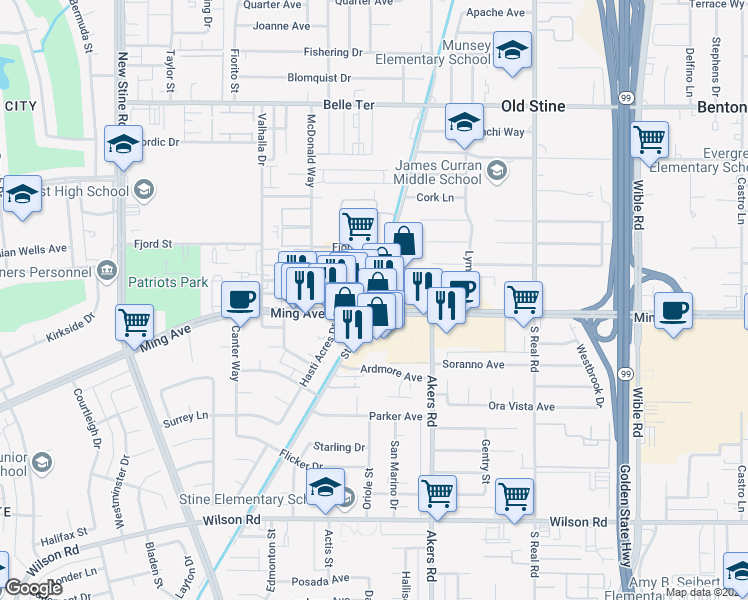 map of restaurants, bars, coffee shops, grocery stores, and more near 1601 Stine Road in Bakersfield