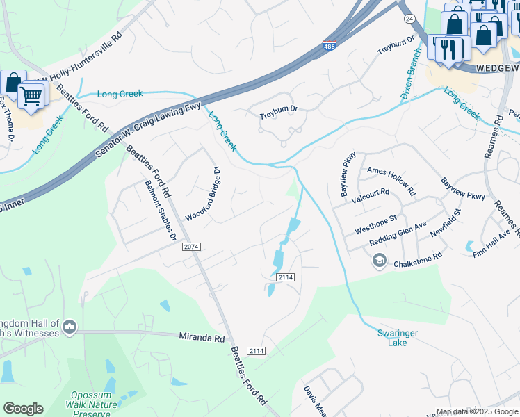 map of restaurants, bars, coffee shops, grocery stores, and more near 7803 Ambleside Drive in Charlotte
