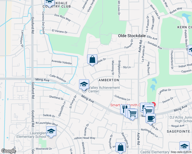 map of restaurants, bars, coffee shops, grocery stores, and more near 7120 Ranch House Road in Bakersfield