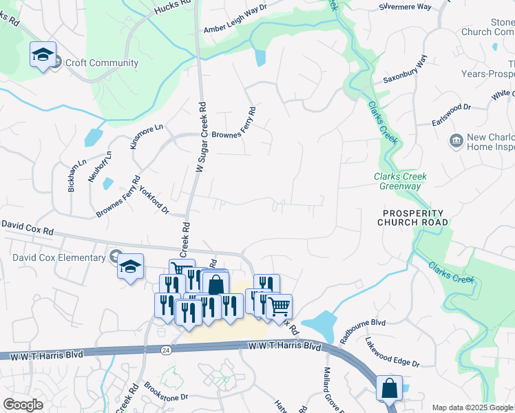 map of restaurants, bars, coffee shops, grocery stores, and more near 3617 Hayden Drive in Charlotte