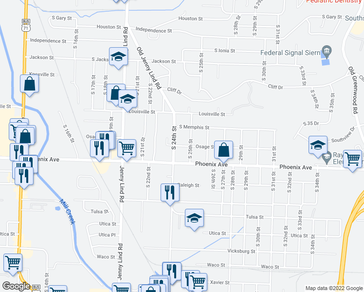 map of restaurants, bars, coffee shops, grocery stores, and more near 2506 Osage Street in Fort Smith