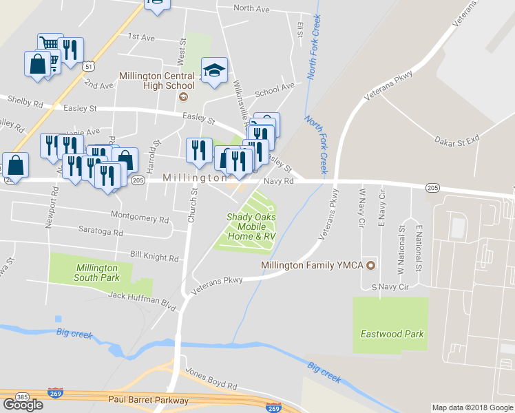 map of restaurants, bars, coffee shops, grocery stores, and more near 5096 Brinkley Street in Millington