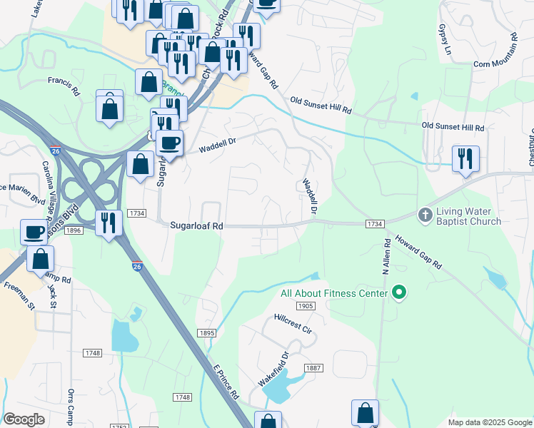 map of restaurants, bars, coffee shops, grocery stores, and more near 703 Sugarloaf Road in Hendersonville
