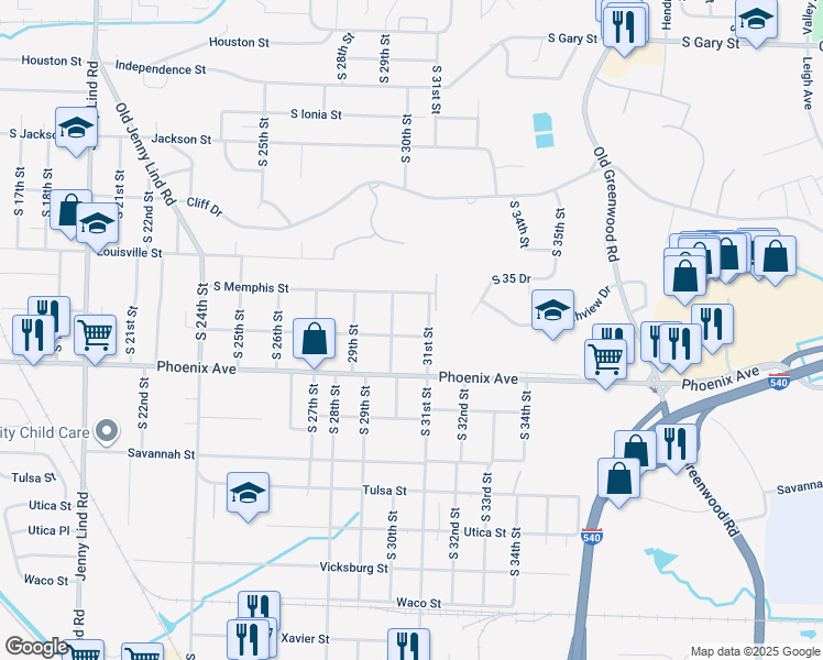 map of restaurants, bars, coffee shops, grocery stores, and more near 3015 Osage Street in Fort Smith