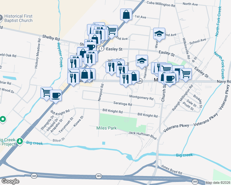 map of restaurants, bars, coffee shops, grocery stores, and more near 4780 Montgomery Road in Millington