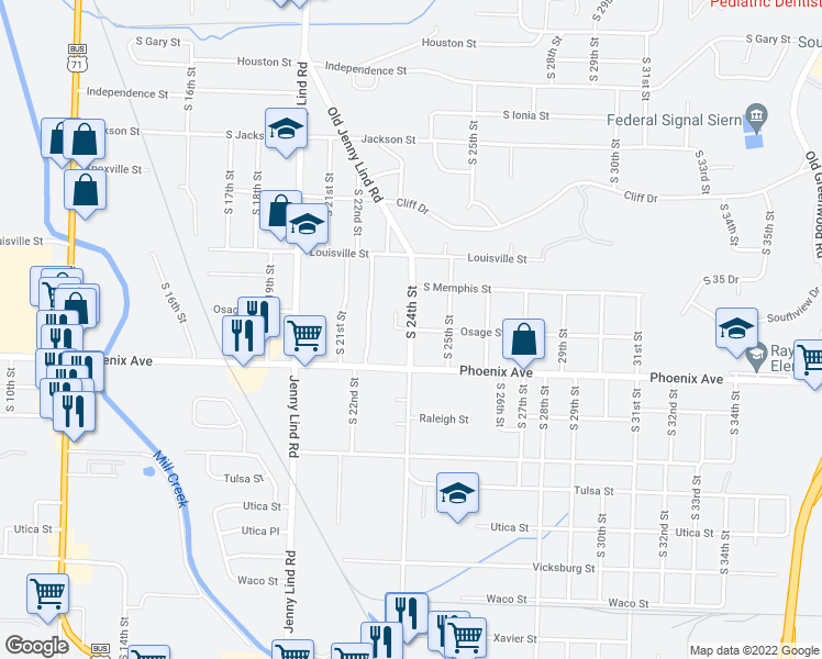 map of restaurants, bars, coffee shops, grocery stores, and more near 4577 Old Jenny Lind Road in Fort Smith