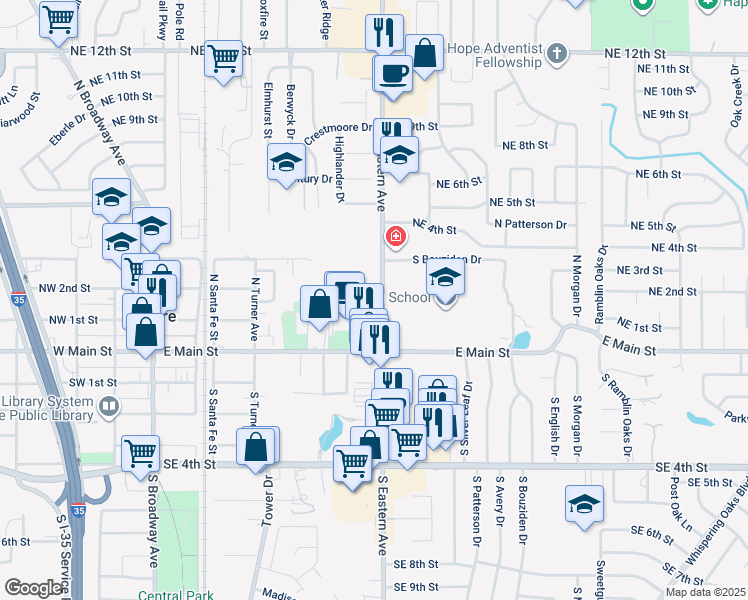 map of restaurants, bars, coffee shops, grocery stores, and more near 209 North Eastern Avenue in Moore