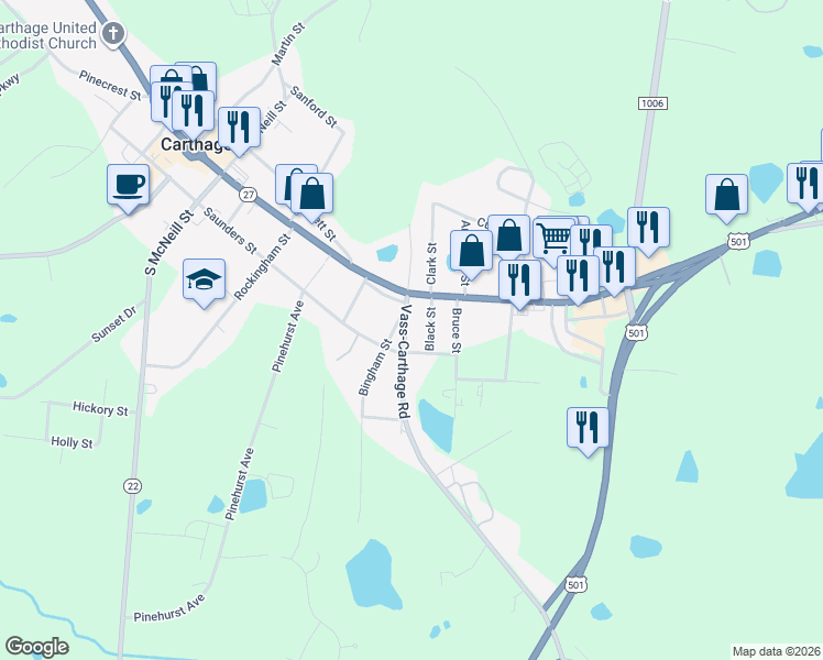 map of restaurants, bars, coffee shops, grocery stores, and more near 109 Vass-Carthage Road in Carthage