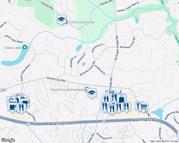 map of restaurants, bars, coffee shops, grocery stores, and more near 4301 Brownes Ferry Road in Charlotte