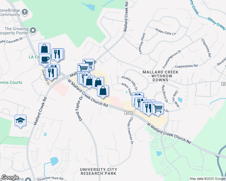 map of restaurants, bars, coffee shops, grocery stores, and more near 11216 Cypress View Drive in Charlotte