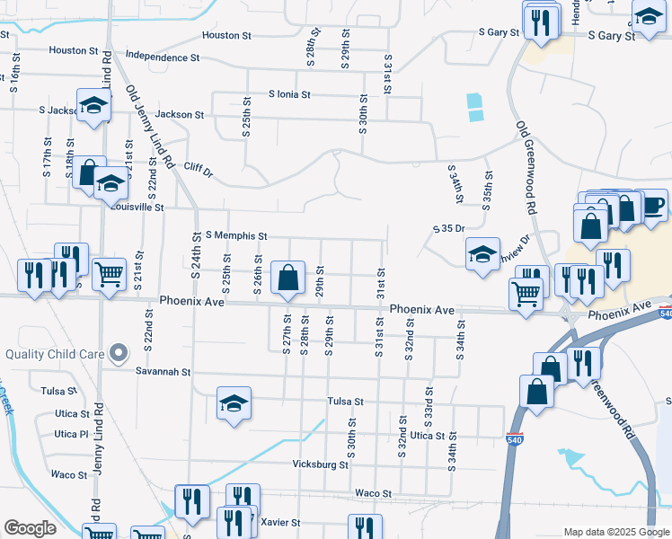 map of restaurants, bars, coffee shops, grocery stores, and more near 2915 Osage Street in Fort Smith