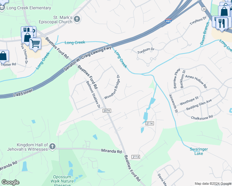 map of restaurants, bars, coffee shops, grocery stores, and more near 8332 Woodford Bridge Drive in Charlotte