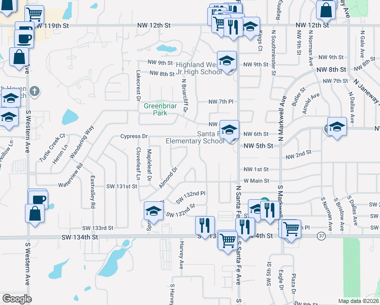 map of restaurants, bars, coffee shops, grocery stores, and more near 13008 Almond Drive in Oklahoma City