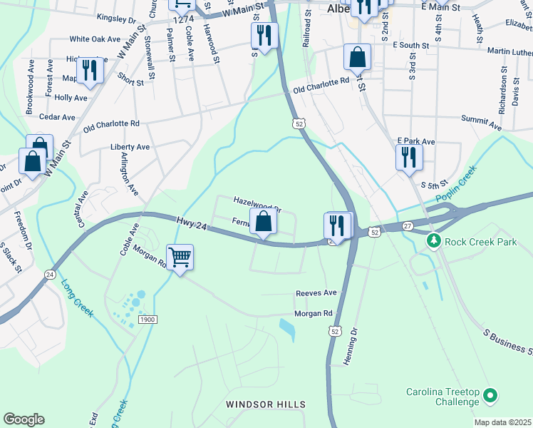 map of restaurants, bars, coffee shops, grocery stores, and more near 609 Hazelwood Drive in Albemarle