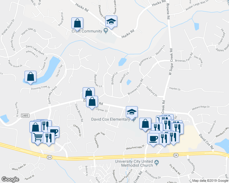 map of restaurants, bars, coffee shops, grocery stores, and more near 6708 Bickham Lane in Charlotte
