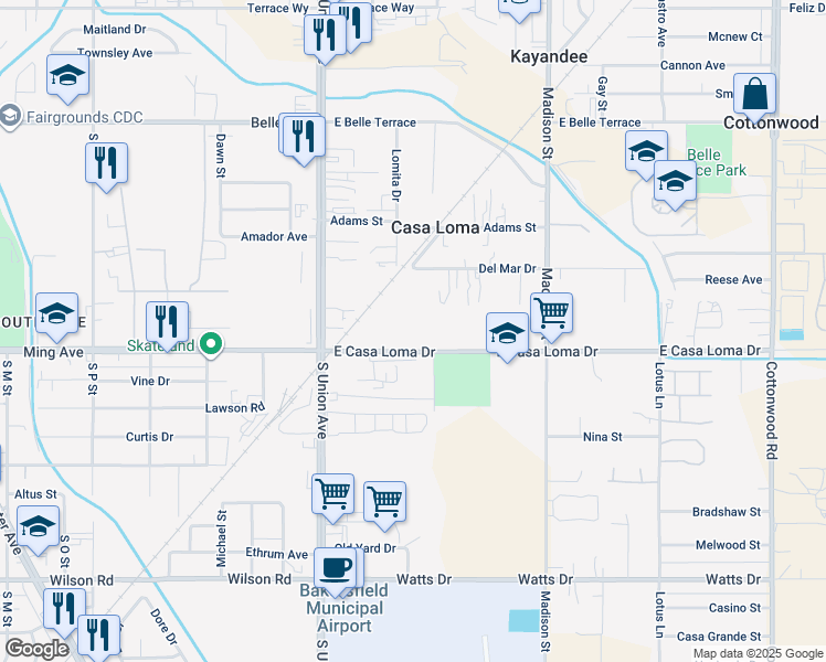 map of restaurants, bars, coffee shops, grocery stores, and more near 316 East Casa Loma Drive in Bakersfield