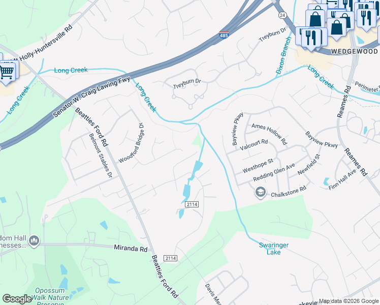 map of restaurants, bars, coffee shops, grocery stores, and more near 9707 Pond Vista Court in Charlotte