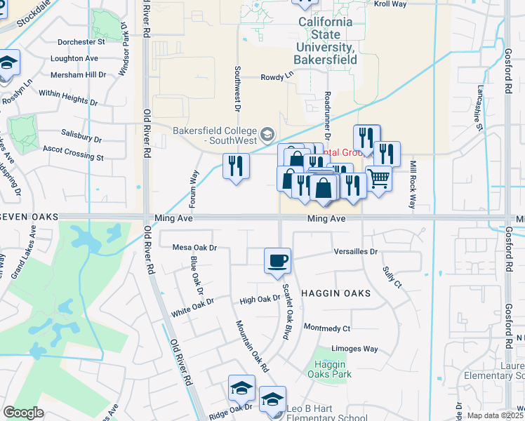 map of restaurants, bars, coffee shops, grocery stores, and more near 9200 Ming Avenue in Bakersfield